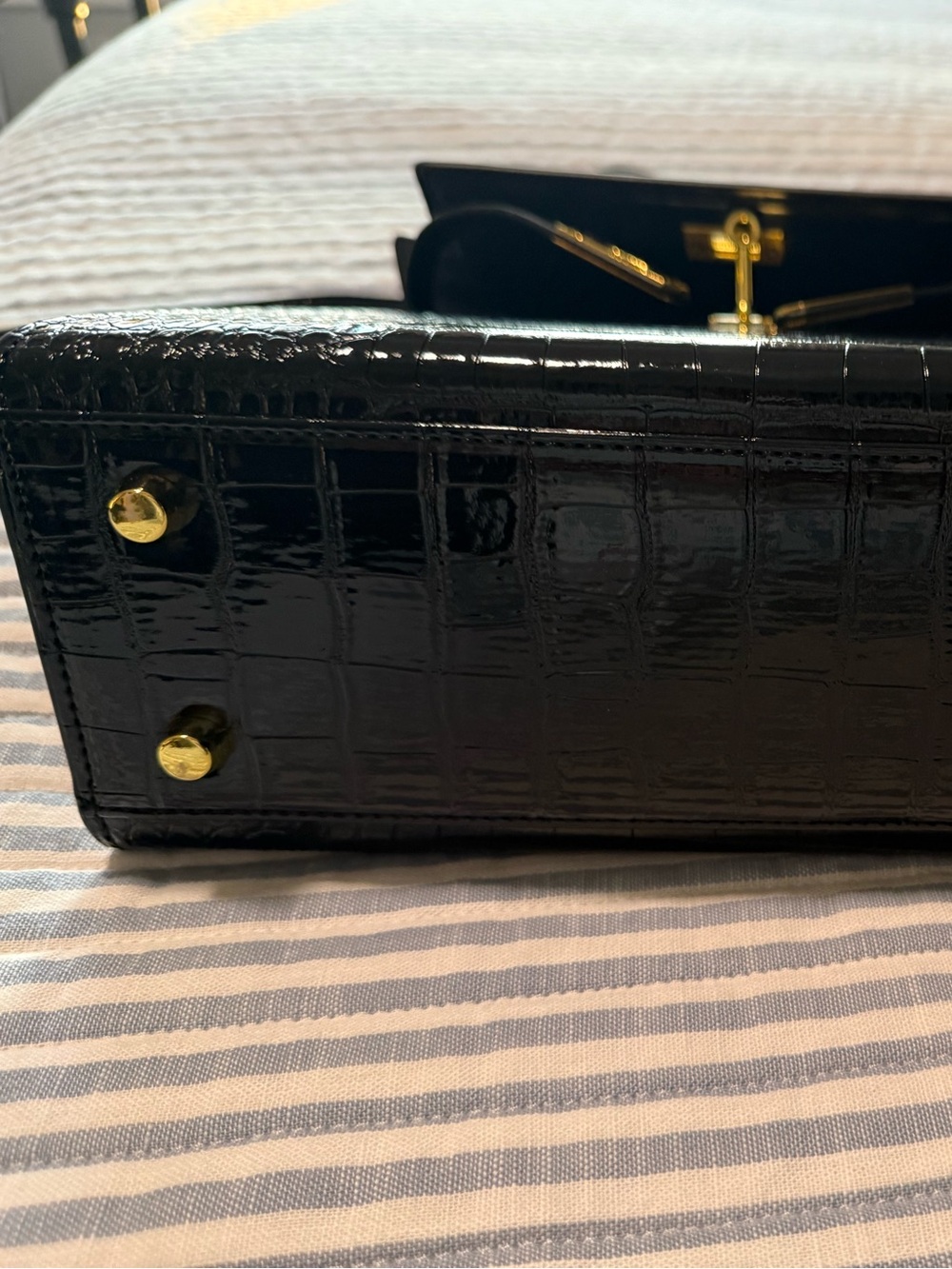 Black Croc-Embossed Patent Leather Women’s Shoulder Bag